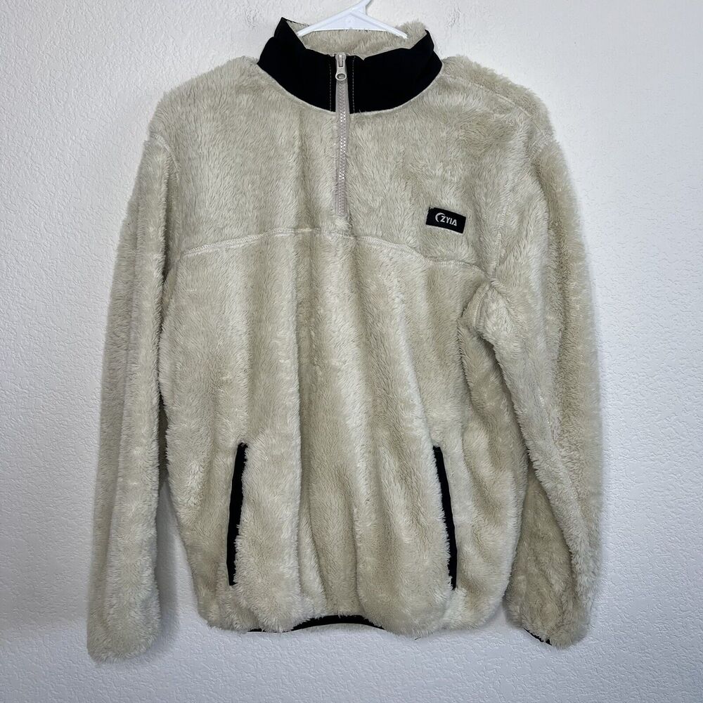Zyia Teddy Jacket Cream Fleece 1/4 Zip Pocket Pullover Long Sleeve Small - Picture 4 of 9